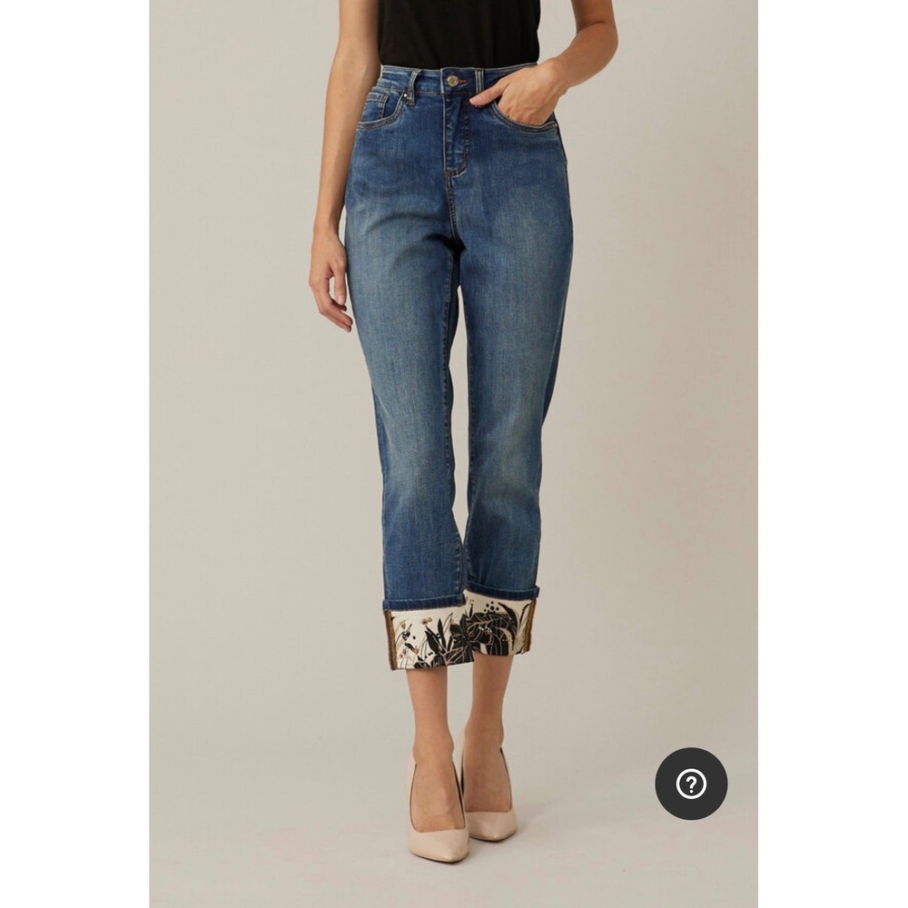 Joseph Ribkoff High Rise Crop Jeans Blue Denim Floral Embellished Cuff Size 12